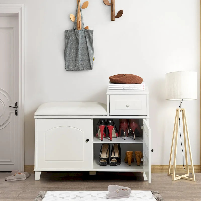 Banc de rangement pour chaussures avec coussin en PU et tiroir amovible