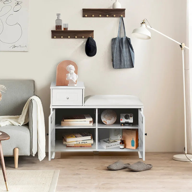 Banc de rangement pour chaussures avec coussin en PU et tiroir amovible