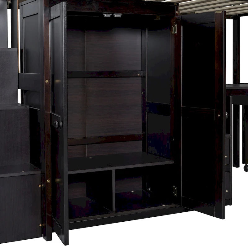 Twin Size Loft Bed with Stairs, Bookshelf, Drawers, Desk & Wardrobe