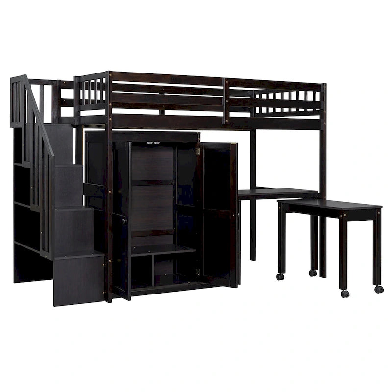 Lit mezzanine une place avec escalier, étagère, tiroirs, bureau et armoire
