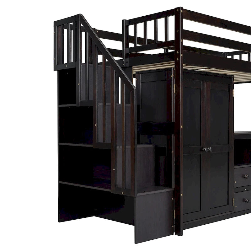 Lit mezzanine une place avec escalier, étagère, tiroirs, bureau et armoire