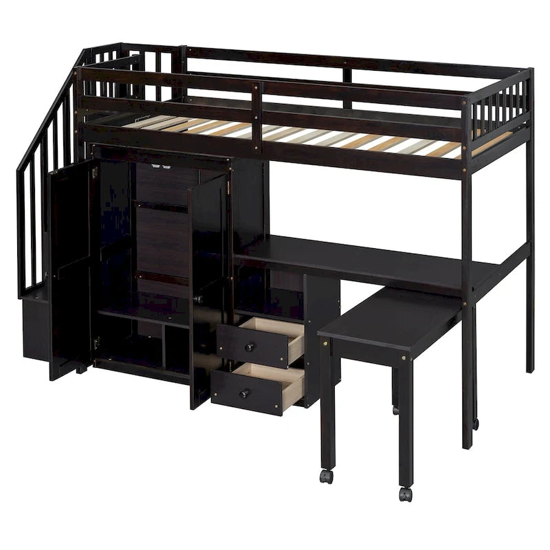 Lit mezzanine une place avec escalier, étagère, tiroirs, bureau et armoire