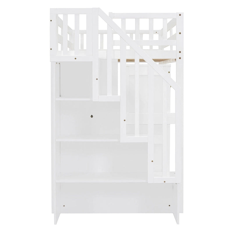 Lit mezzanine une place avec escalier, étagère, tiroirs, bureau et armoire