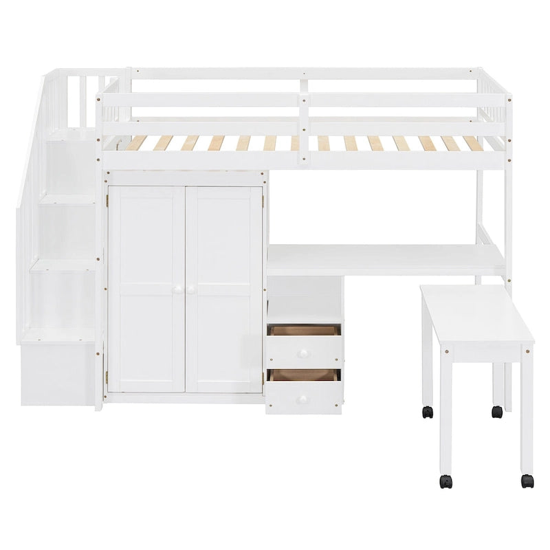 Lit mezzanine une place avec escalier, étagère, tiroirs, bureau et armoire