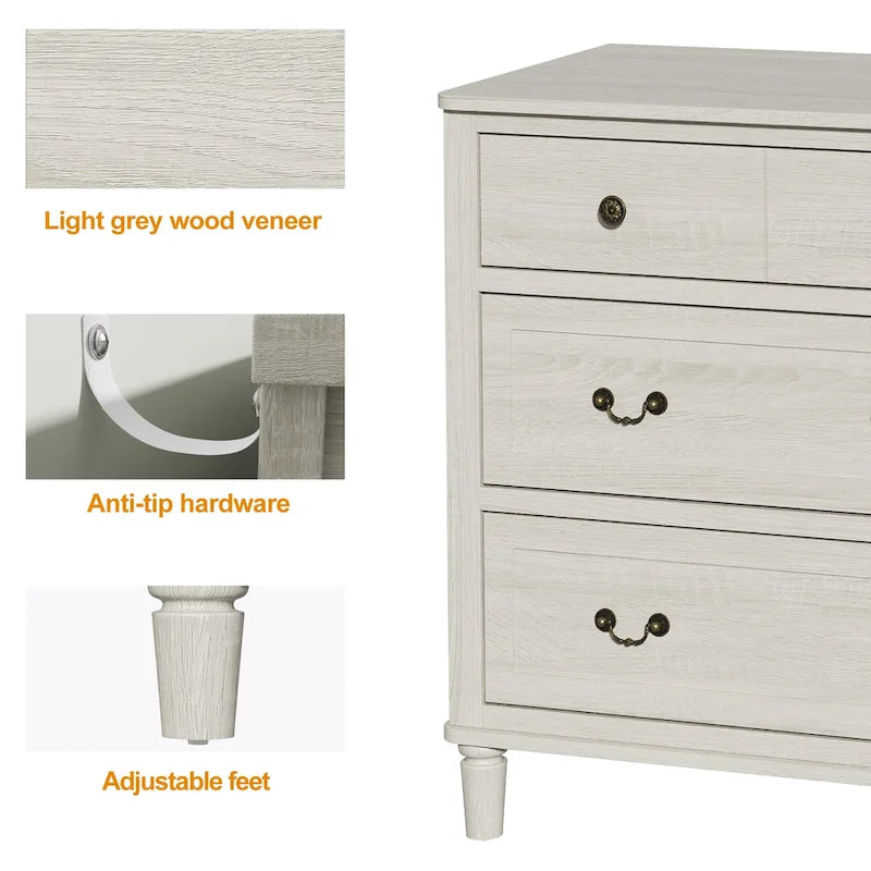 Commode extra-large à 6 tiroirs avec finition grain de bois gris clair