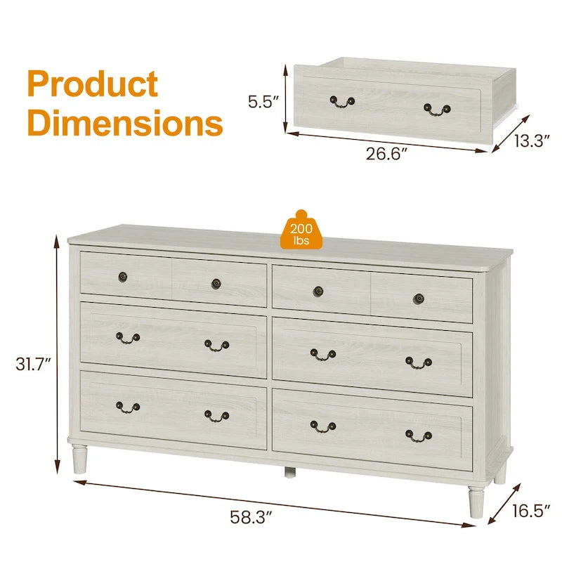 Commode extra-large à 6 tiroirs avec finition grain de bois gris clair