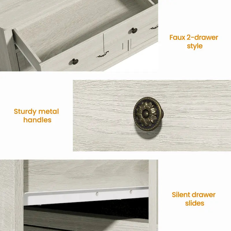 Commode extra-large à 6 tiroirs avec finition grain de bois gris clair