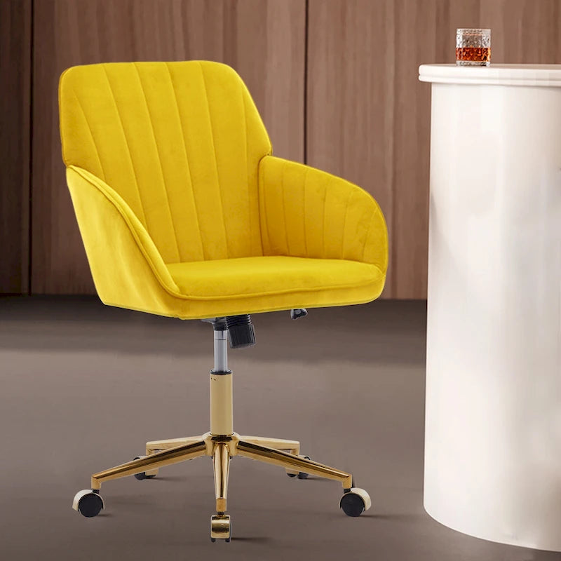 Fauteuil de bureau pivotant en velours, avec base dorée et hauteur réglable