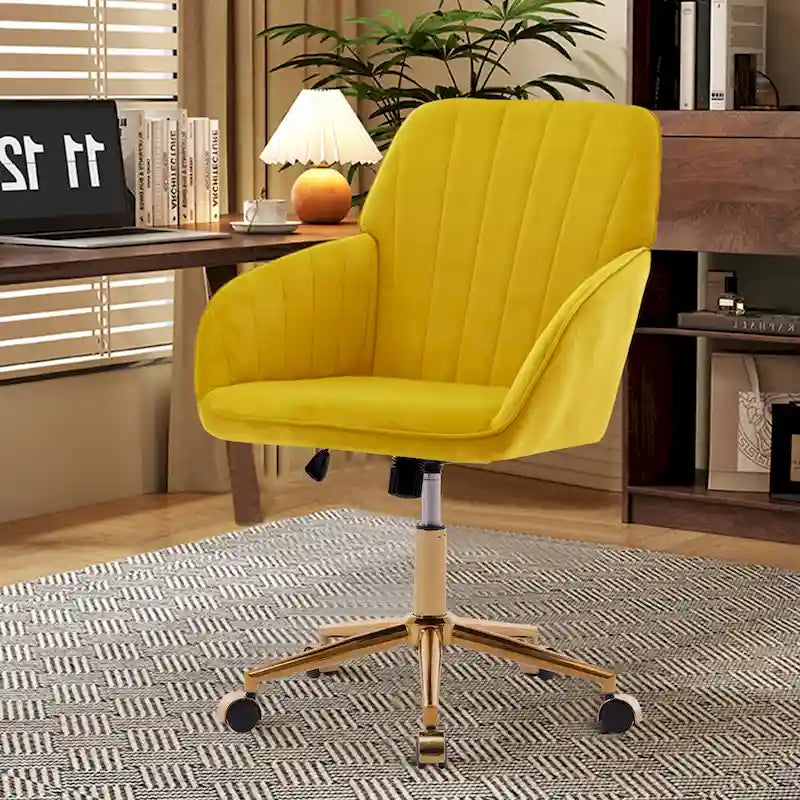 Fauteuil de bureau pivotant en velours, avec base dorée et hauteur réglable
