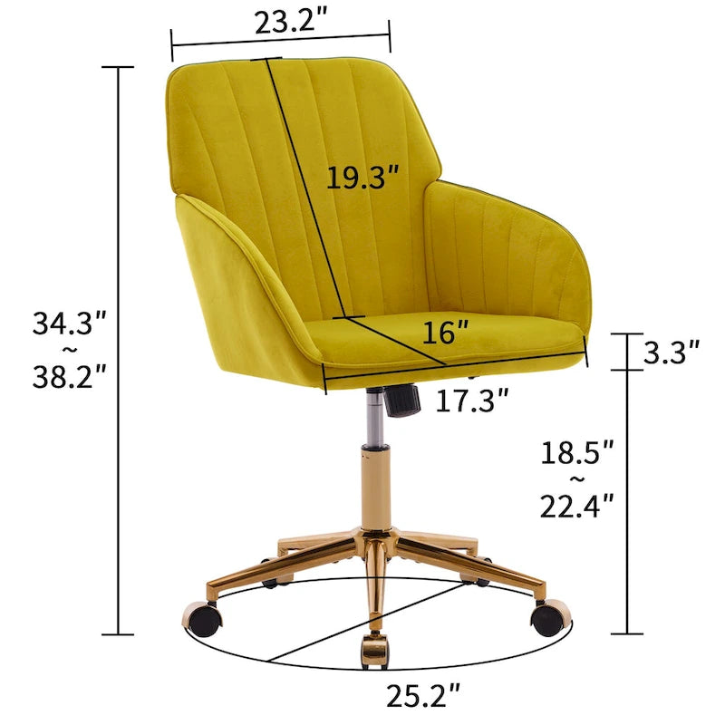 Fauteuil de bureau pivotant en velours, avec base dorée et hauteur réglable