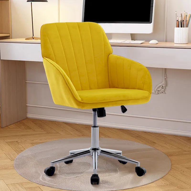 Fauteuil de bureau pivotant en velours, avec base dorée et hauteur réglable