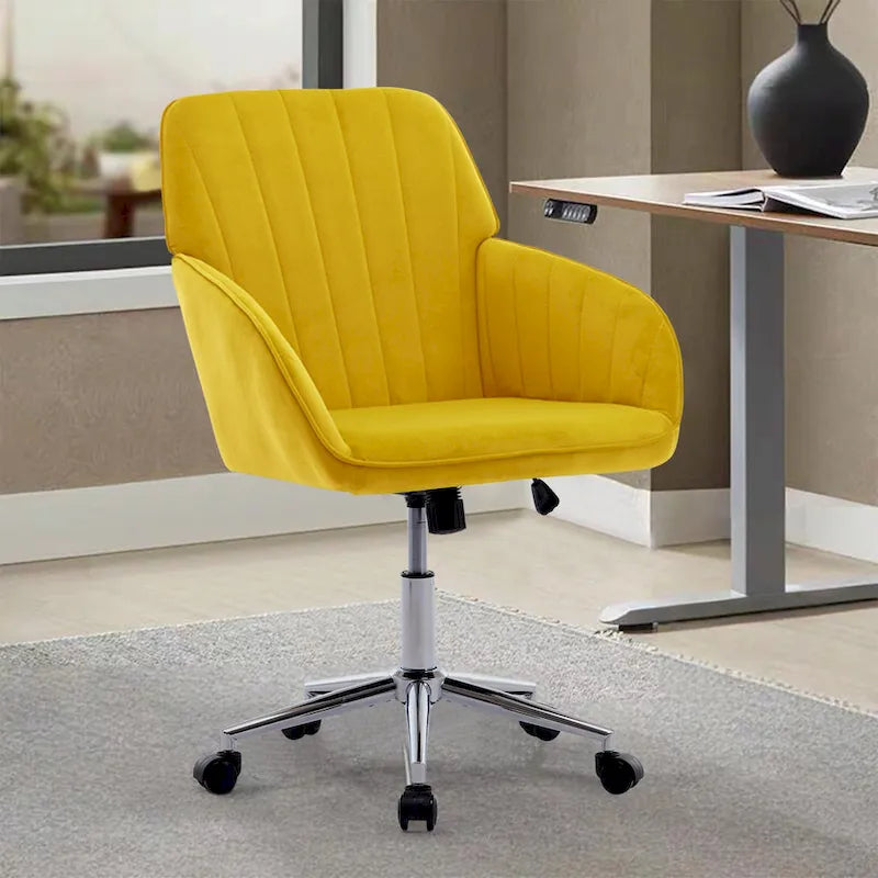 Fauteuil de bureau pivotant en velours, avec base dorée et hauteur réglable