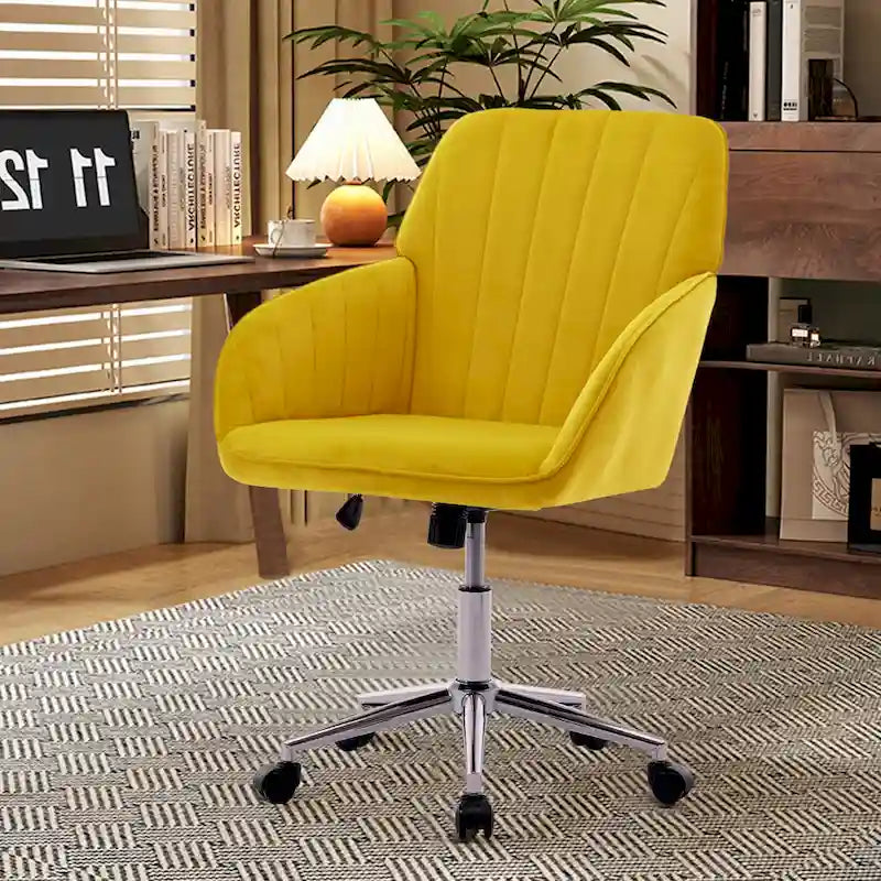 Fauteuil de bureau pivotant en velours, avec base dorée et hauteur réglable