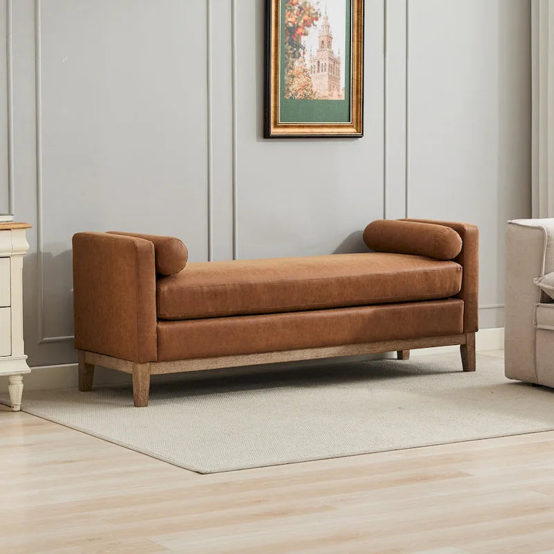 Banc rembourré avec pieds en bois et traversins pour chambre à coucher/salon