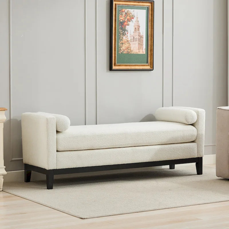 Banc rembourré avec pieds en bois et traversins pour chambre à coucher/salon