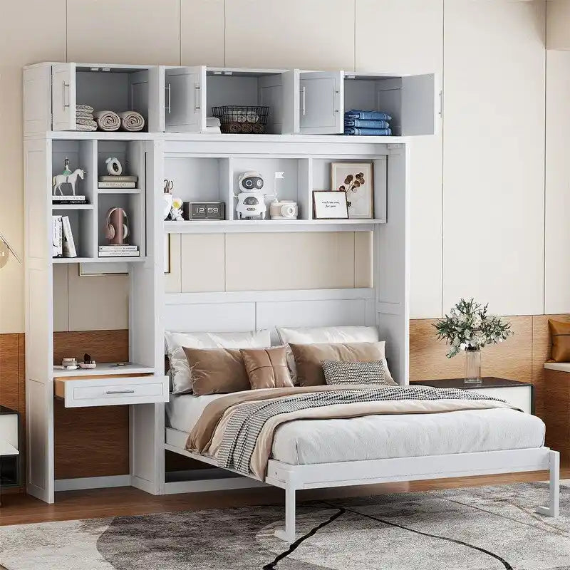 Lit escamotable avec bureau, étagères de rangement et armoire supérieure, lit mural gain de place