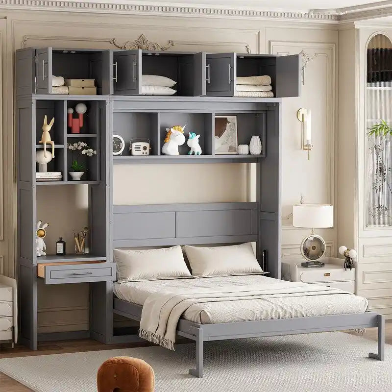 Lit escamotable avec bureau, étagères de rangement et armoire supérieure, lit mural gain de place