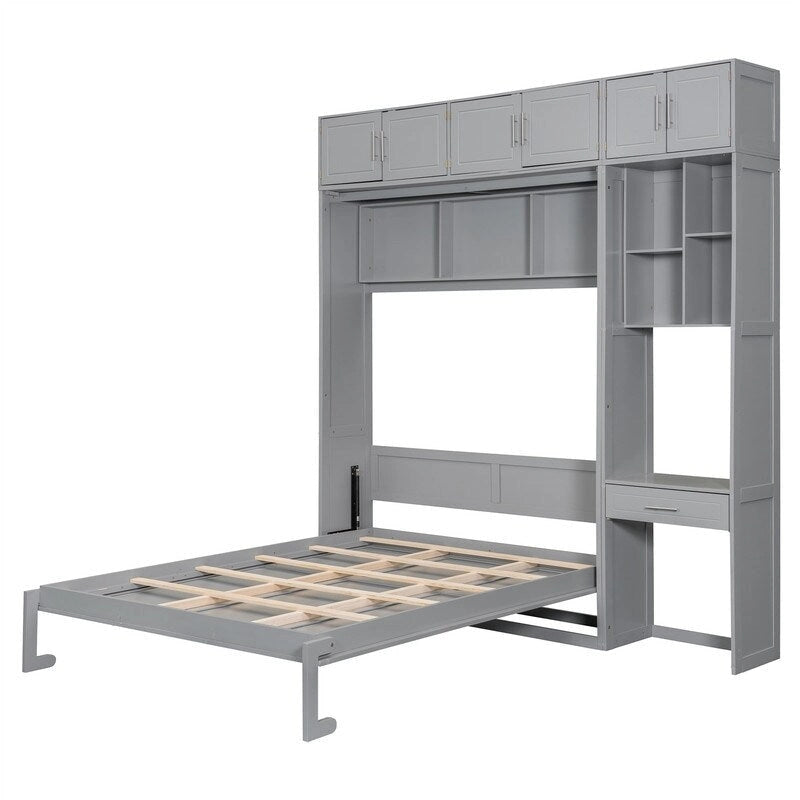 Lit escamotable avec bureau, étagères de rangement et armoire supérieure, lit mural gain de place