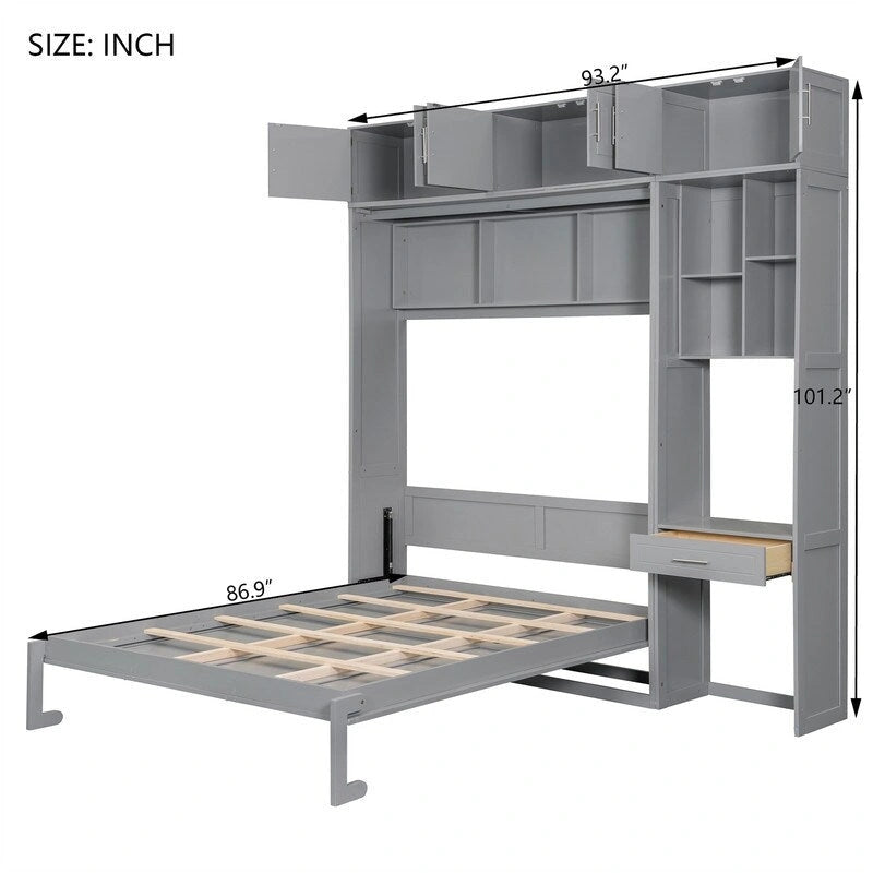 Lit escamotable avec bureau, étagères de rangement et armoire supérieure, lit mural gain de place