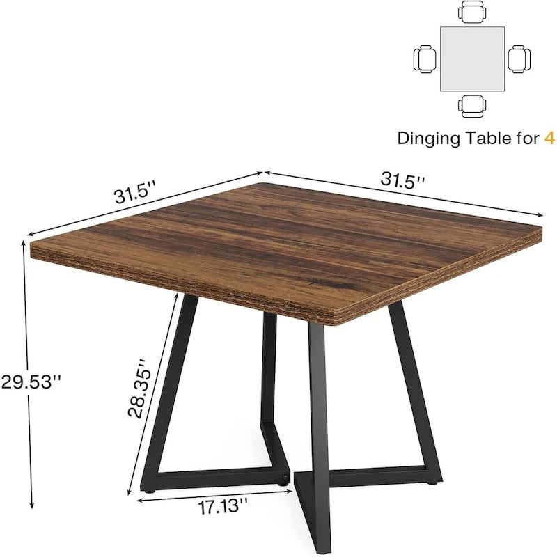 Table à manger carrée de 31,5 pouces en bois avec piétement en métal noir