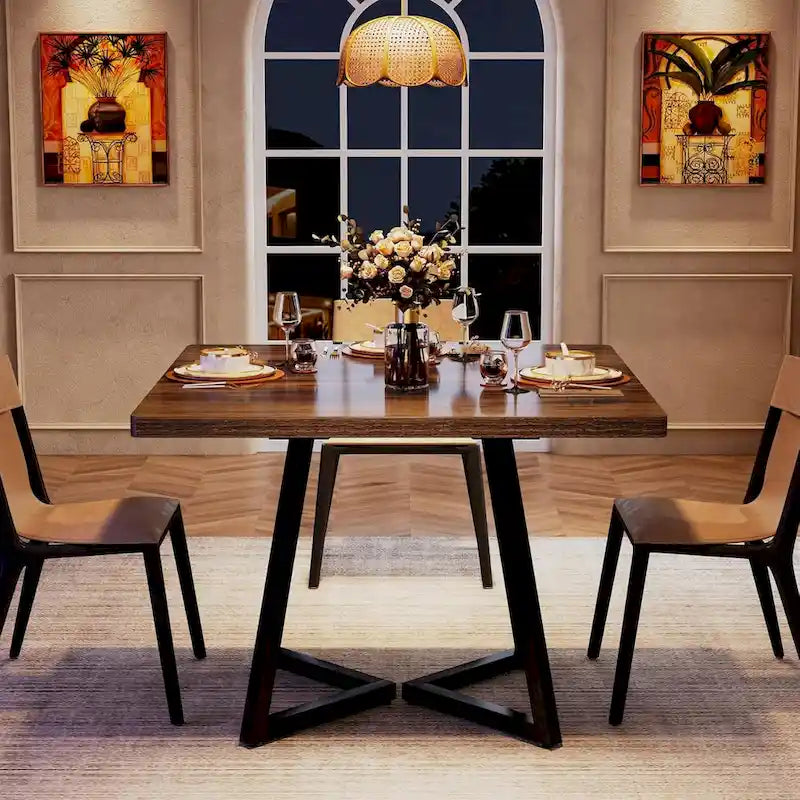 Table à manger carrée de 31,5 pouces en bois avec piétement en métal noir