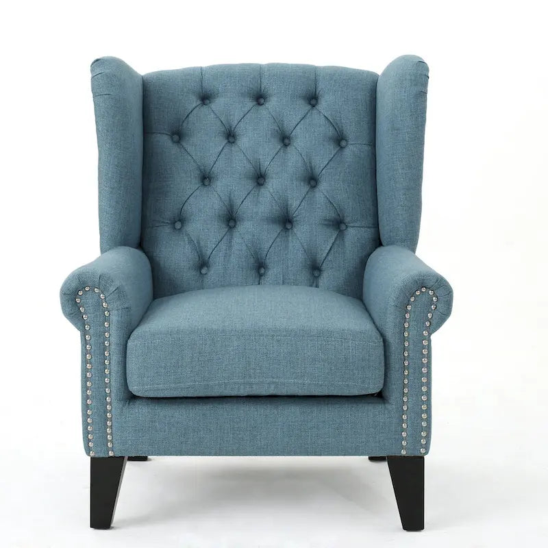 Fauteuil d'appoint moderne bleu à dossier haut capitonné avec clous décoratifs pour salon