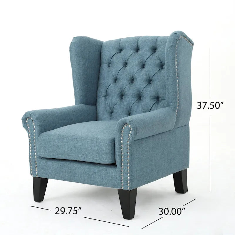 Fauteuil d'appoint moderne bleu à dossier haut capitonné avec clous décoratifs pour salon