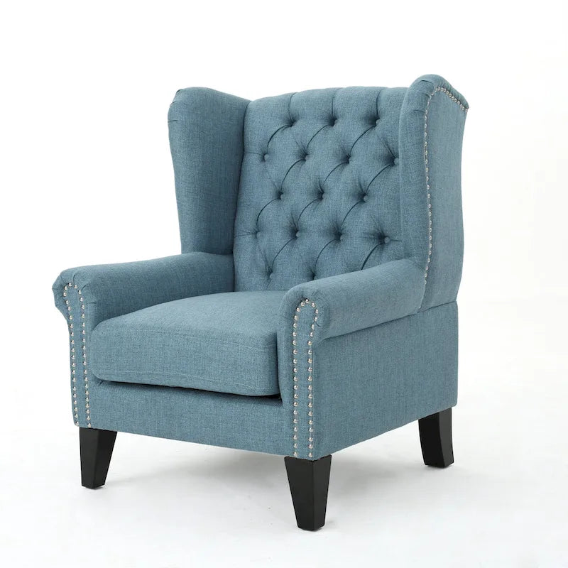 Fauteuil d'appoint moderne bleu à dossier haut capitonné avec clous décoratifs pour salon