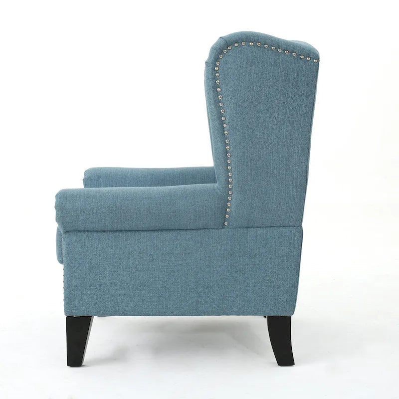 Fauteuil d'appoint moderne bleu à dossier haut capitonné avec clous décoratifs pour salon