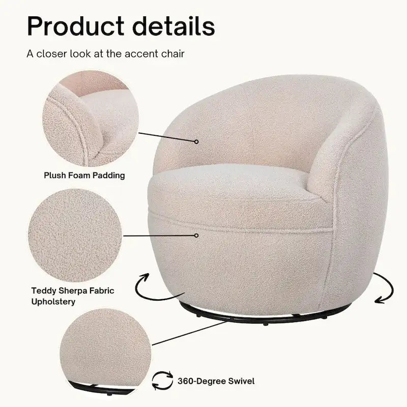Fauteuil d'appoint barillet pivotant à 360° rembourré en tissu peluche bouclée Teddy