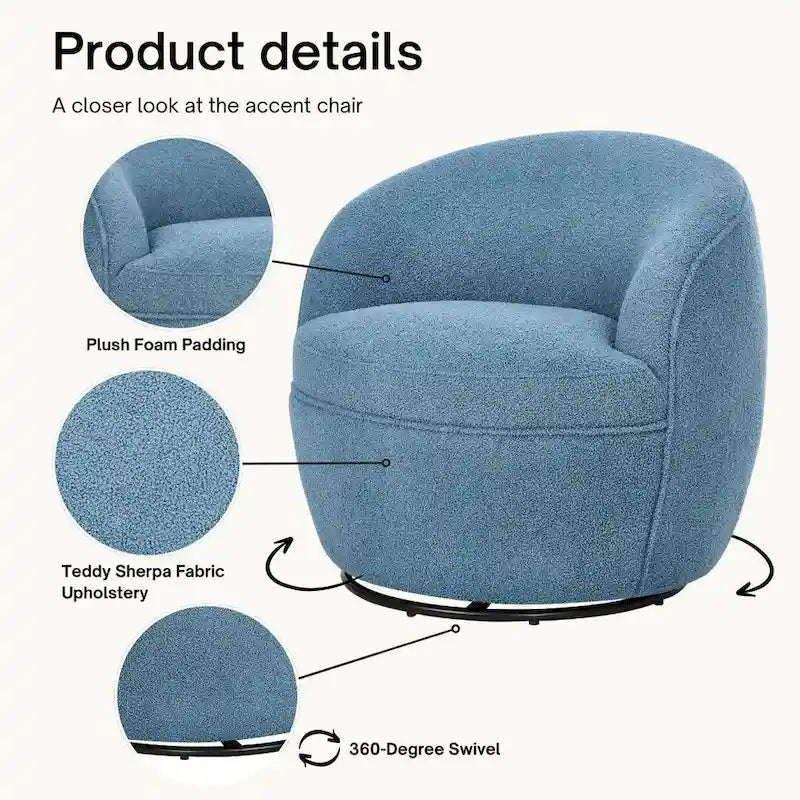 Fauteuil d'appoint barillet pivotant à 360° rembourré en tissu peluche bouclée Teddy
