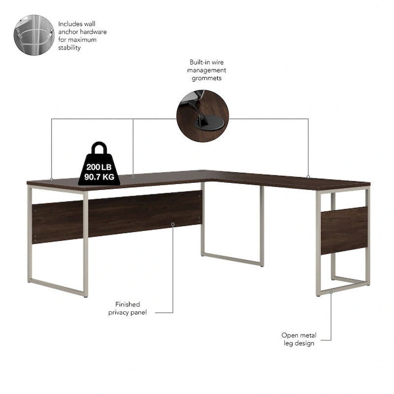 Bureau d'angle 72 po L x 30 po P avec pieds en métal