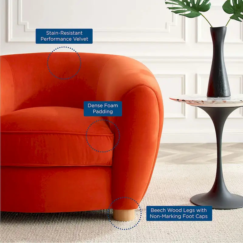 Fauteuil d'appoint en velours haute performance avec lignes organiques et passepoil français