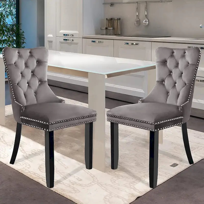 Lot de 2 chaises de salle à manger en velours, chaises de salle à manger capitonnées avec clous décoratifs et pieds en bois massif