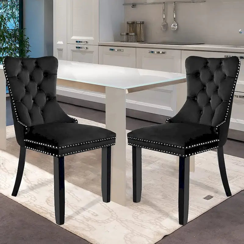 Lot de 2 chaises de salle à manger en velours, chaises de salle à manger capitonnées avec clous décoratifs et pieds en bois massif