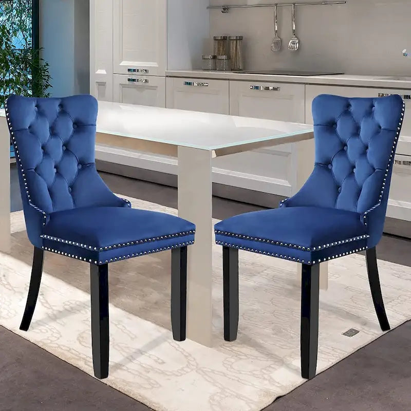 Lot de 2 chaises de salle à manger en velours, chaises de salle à manger capitonnées avec clous décoratifs et pieds en bois massif
