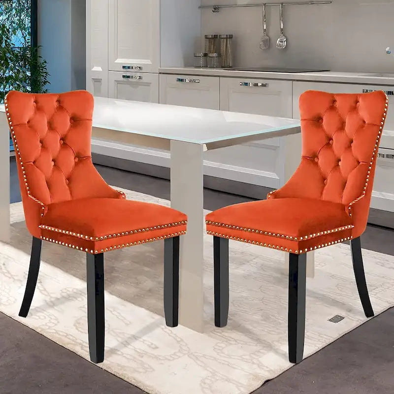 Lot de 2 chaises de salle à manger en velours, chaises de salle à manger capitonnées avec clous décoratifs et pieds en bois massif