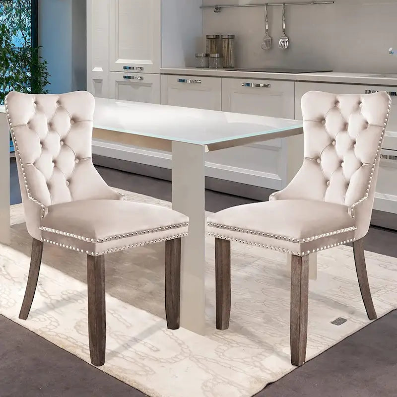 Lot de 2 chaises de salle à manger en velours, chaises de salle à manger capitonnées avec clous décoratifs et pieds en bois massif