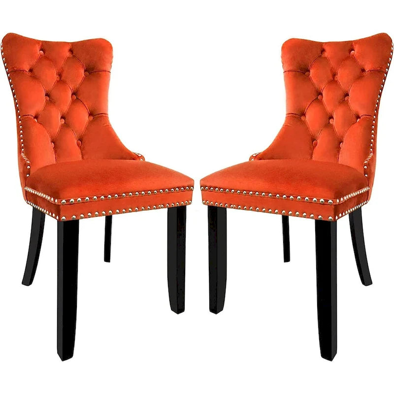Lot de 2 chaises de salle à manger en velours, chaises de salle à manger capitonnées avec clous décoratifs et pieds en bois massif
