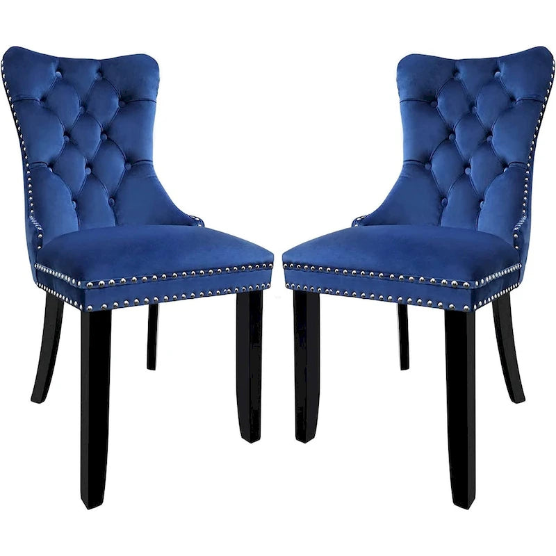 Lot de 2 chaises de salle à manger en velours, chaises de salle à manger capitonnées avec clous décoratifs et pieds en bois massif