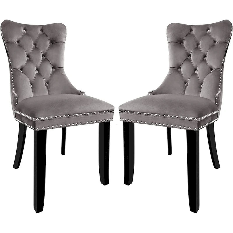 Lot de 2 chaises de salle à manger en velours, chaises de salle à manger capitonnées avec clous décoratifs et pieds en bois massif