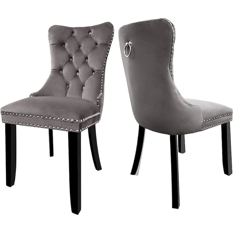 Lot de 2 chaises de salle à manger en velours, chaises de salle à manger capitonnées avec clous décoratifs et pieds en bois massif