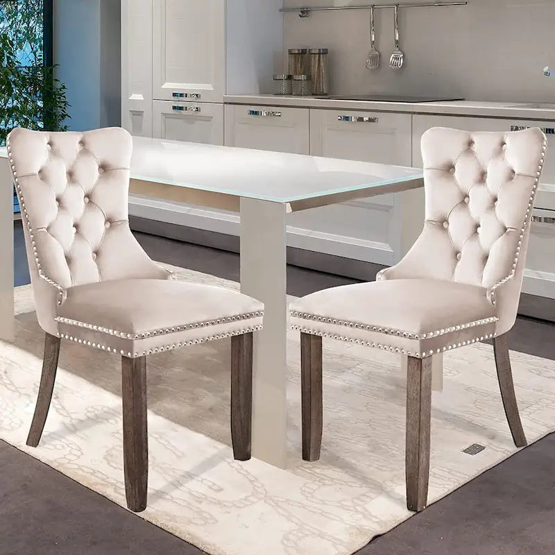 Lot de 2 chaises de salle à manger en velours, chaises de salle à manger capitonnées avec clous décoratifs et pieds en bois massif