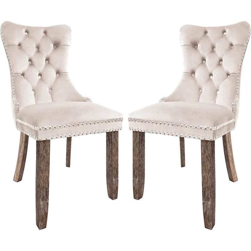 Lot de 2 chaises de salle à manger en velours, chaises de salle à manger capitonnées avec clous décoratifs et pieds en bois massif