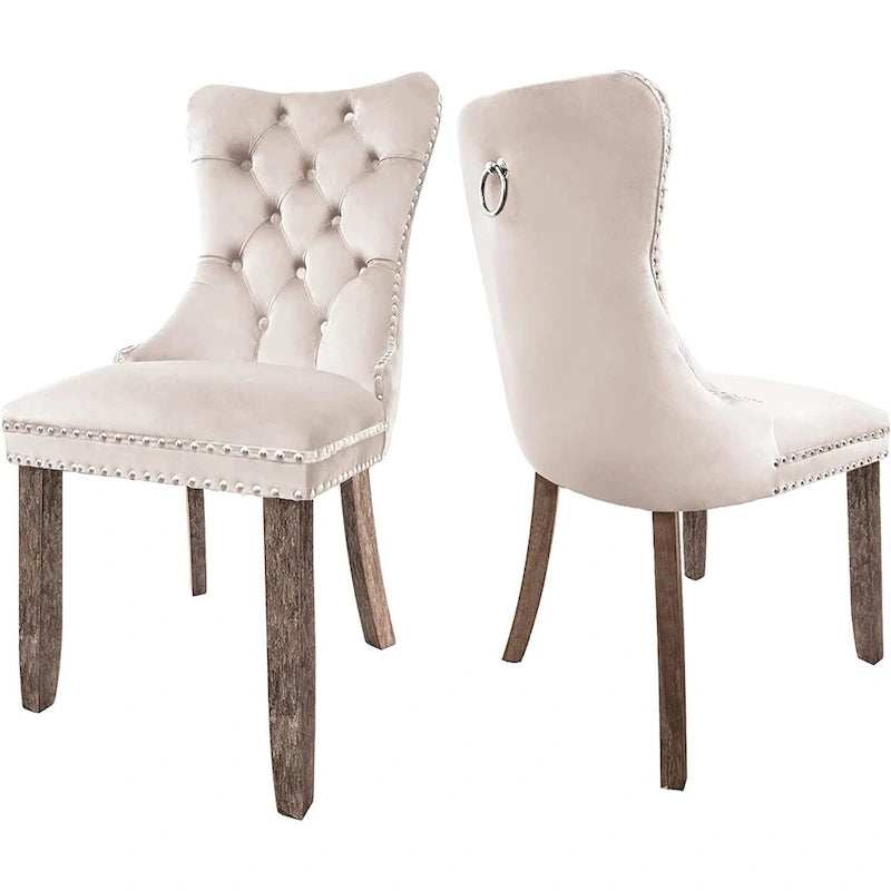 Lot de 2 chaises de salle à manger en velours, chaises de salle à manger capitonnées avec clous décoratifs et pieds en bois massif