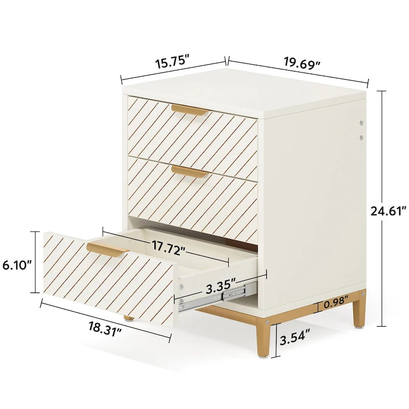 Table de chevet à 3 tiroirs avec poignées dorées pour rangement de chambre style moderne
