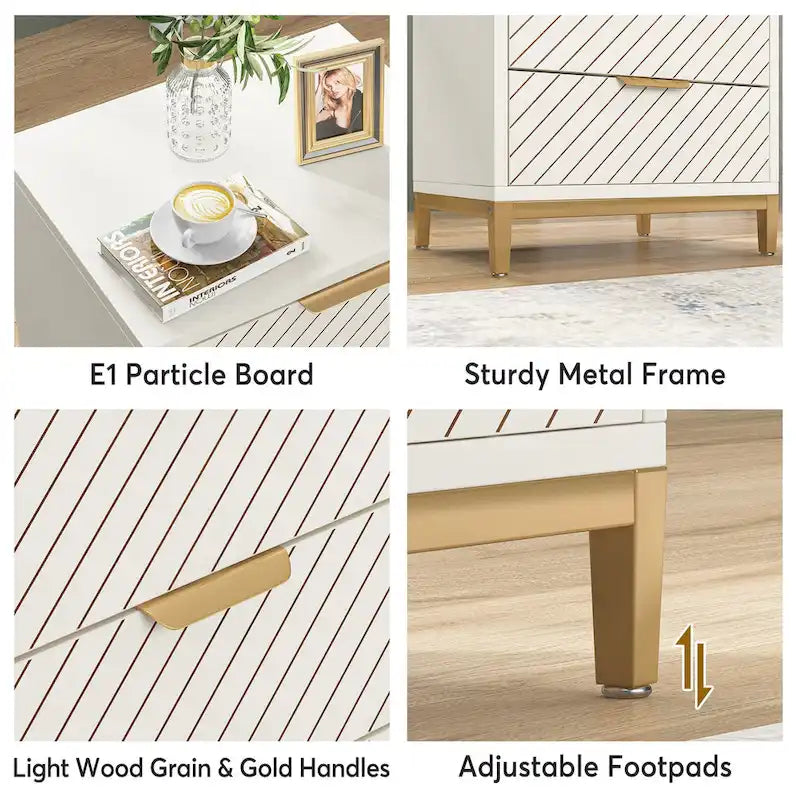 Table de chevet à 3 tiroirs avec poignées dorées pour rangement de chambre style moderne