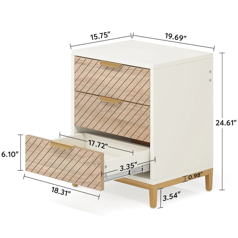 Table de chevet à 3 tiroirs avec poignées dorées pour rangement de chambre style moderne