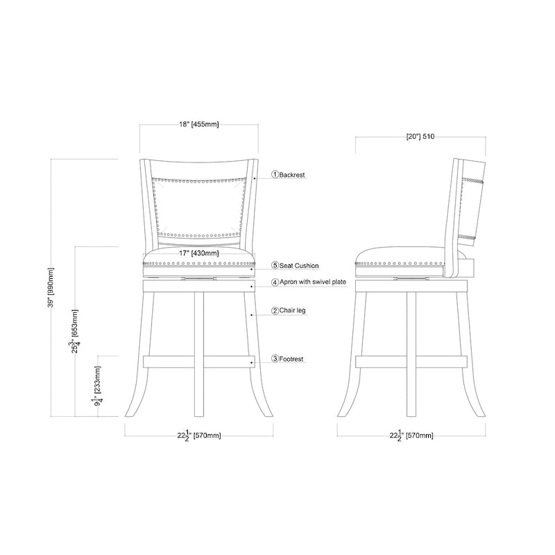 Tabouret de comptoir pivotant en bois à dossier haut