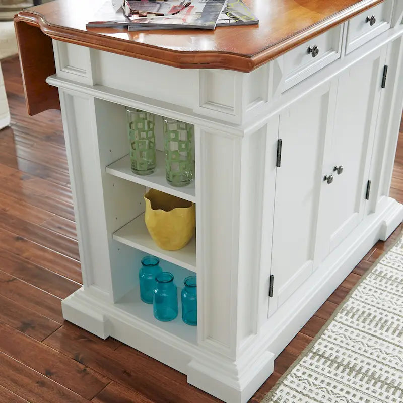 Îlot de cuisine en chêne blanc vieilli avec abattant et étagères de rangement